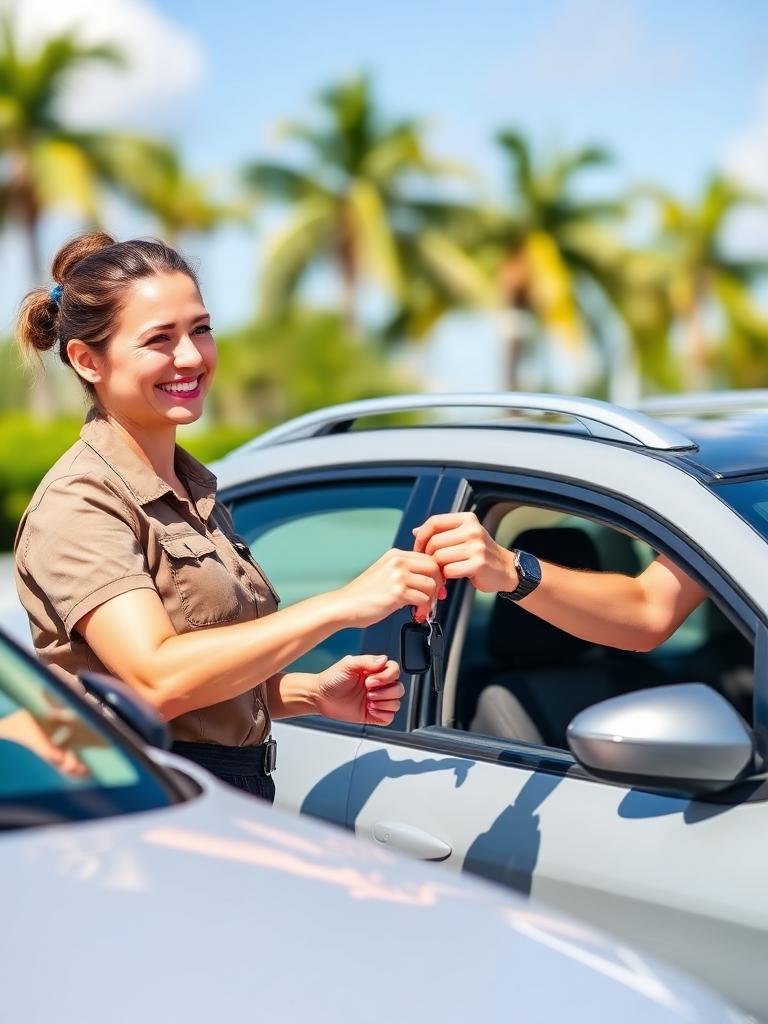Host handing car keys to a smiling customer next to a clean modern car