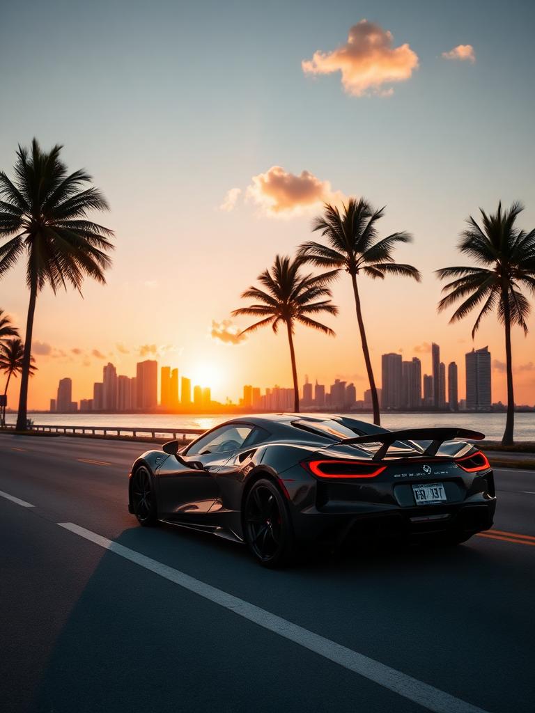 Modern sports car driving along a Miami coastal road at sunset