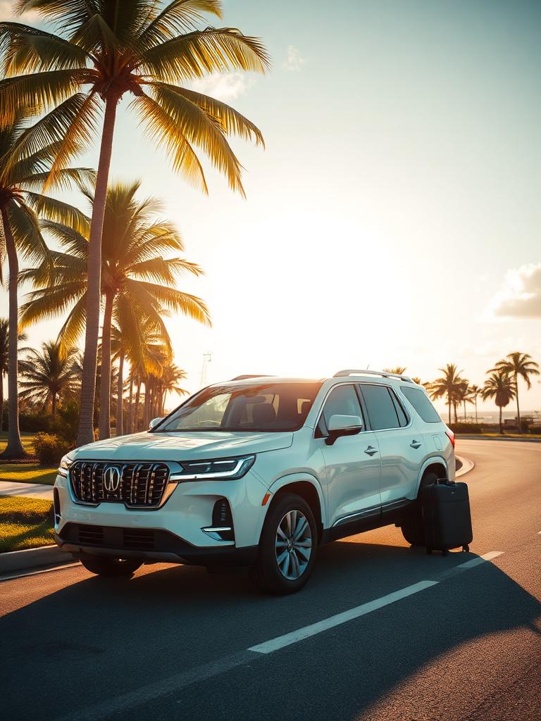 Premium SUV parked on a Florida coastal road with palm trees at sunset